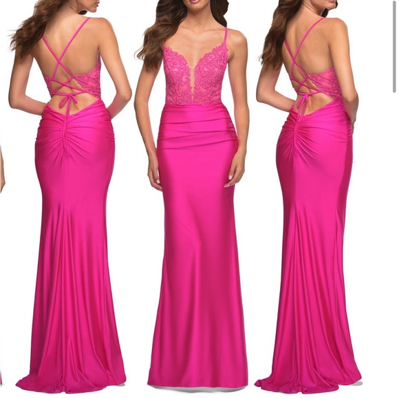 La Femme Dresses & Skirts - LA FEMME Illusion Plunge Mermaid Gown in Neon Pink Size US 4